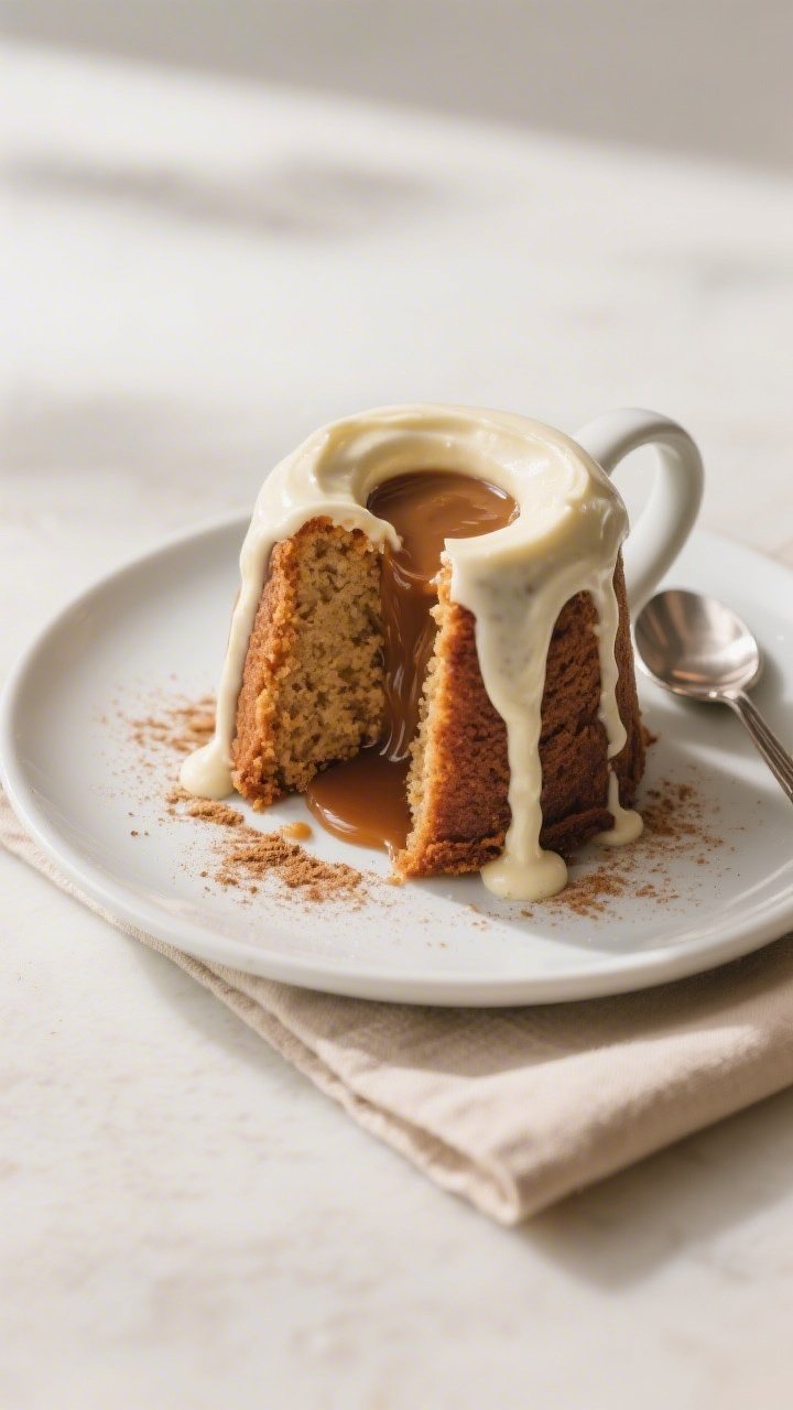 Final dish presentation: Restaurant-quality plated finish—mug cake unmolded onto a small matte whi