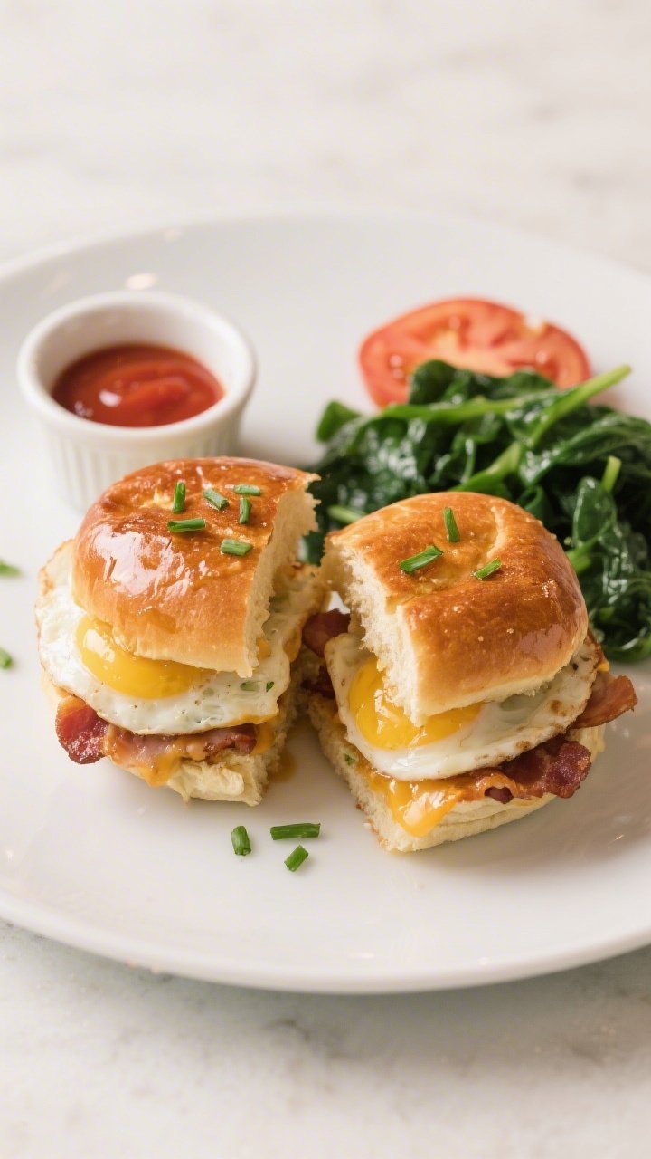 Final dish presentation: Restaurant-quality plated breakfast sliders cut and separated, stacked on a