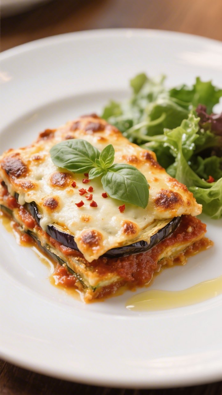 Final dish presentation: Restaurant-quality plated slice of Keto Eggplant Parmesan on a matte white