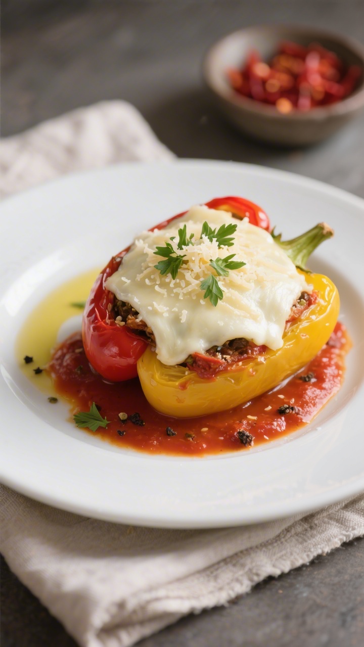 Final dish presentation: Restaurant-quality plated Keto Italian Stuffed Bell Peppers (mixed red and 