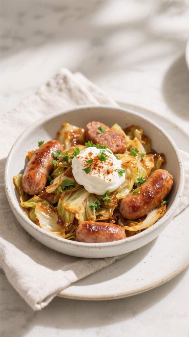 Final dish presentation: Restaurant-quality plated Keto Sausage and Cabbage Skillet served hot in a 