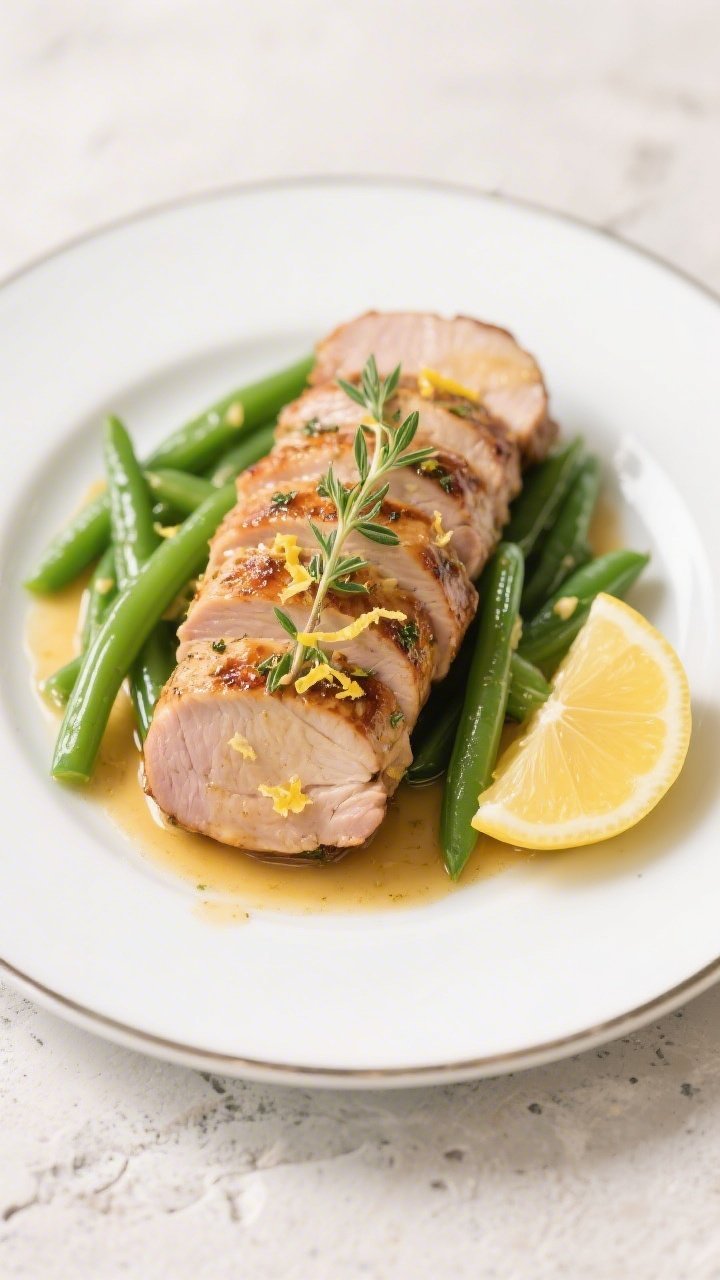 Final dish presentation: Restaurant-quality plated Keto Garlic Herb Pork Tenderloin—neatly fanned 