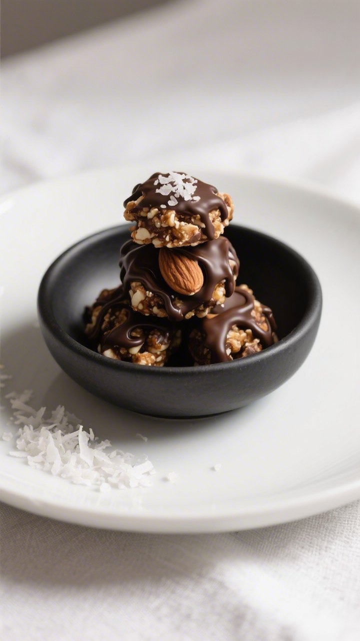 Final dish presentation: Restaurant-quality plated keto chocolate-drizzled almond clusters stacked i