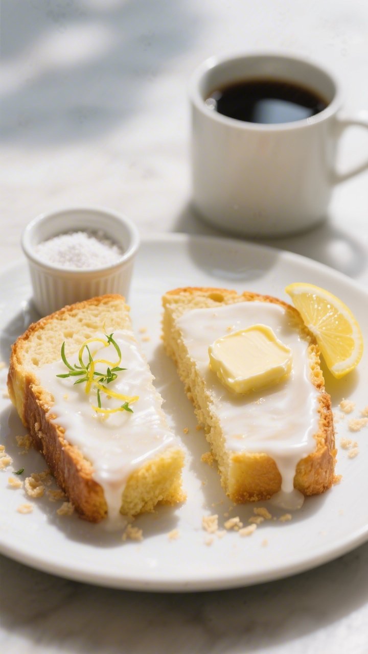 Final dish presentation: Restaurant-quality plated scene with two neat slices of keto lemon bread on