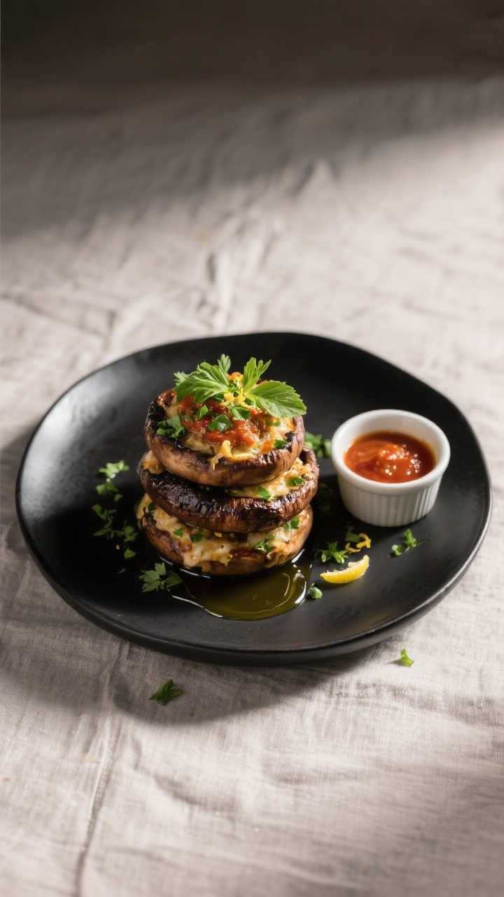 Final dish presentation: Restaurant-quality plating of Keto Italian Stuffed Mushrooms stacked on a m