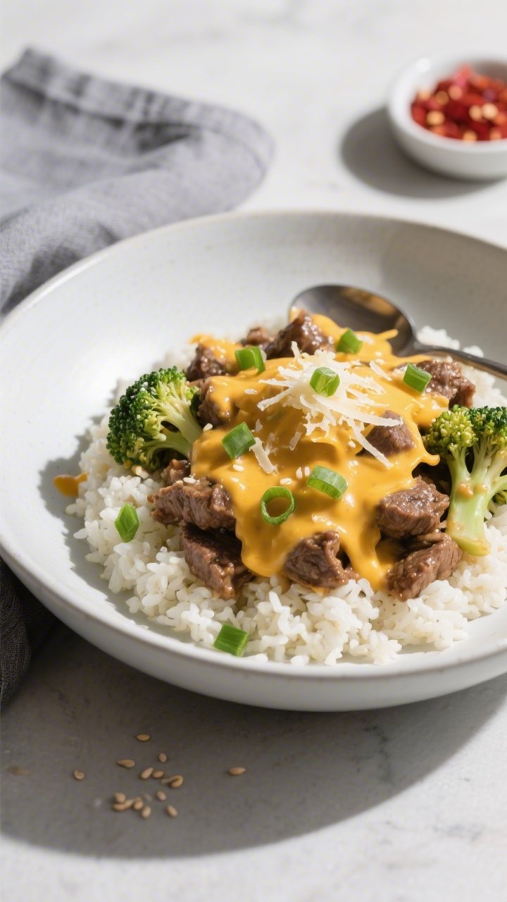 Final dish presentation: Restaurant-quality plating of the Keto Cheesy Broccoli Beef Skillet spooned
