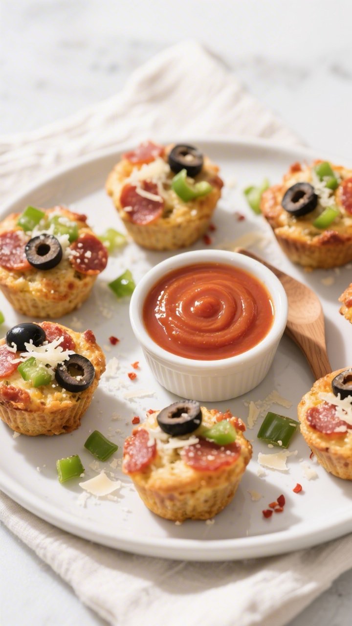 Final dish presentation: Restaurant-quality plating of keto pepperoni pizza snack muffins arranged o