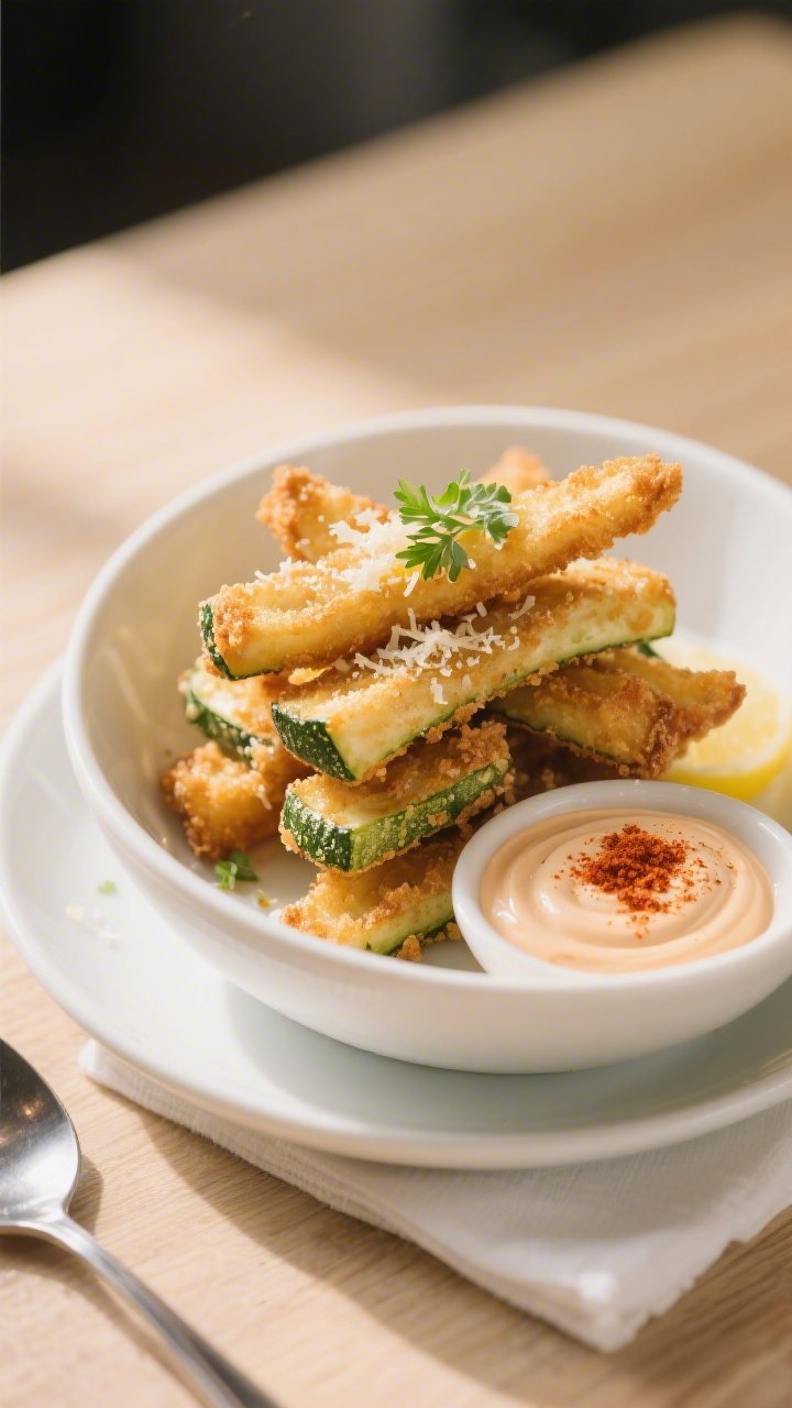 Final dish presentation: Restaurant-quality plating of zucchini fries stacked in a shallow white bow