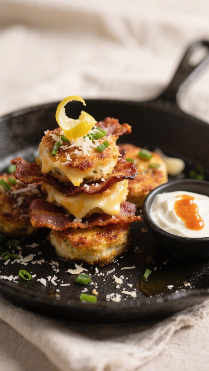 Final dish presentation: Restaurant-quality plating of keto crispy bacon cheese skillet bites stacke