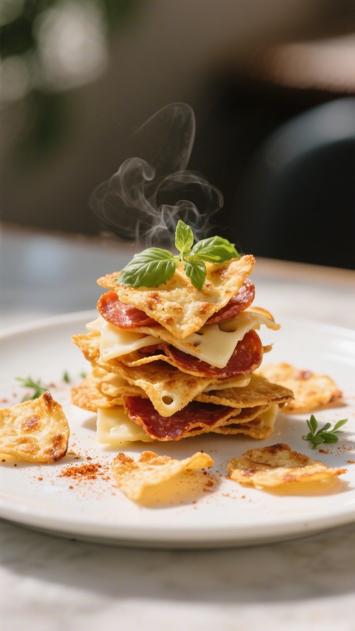 Final dish presentation: Restaurant-quality plating of keto crispy cheese and pepperoni chips stacke