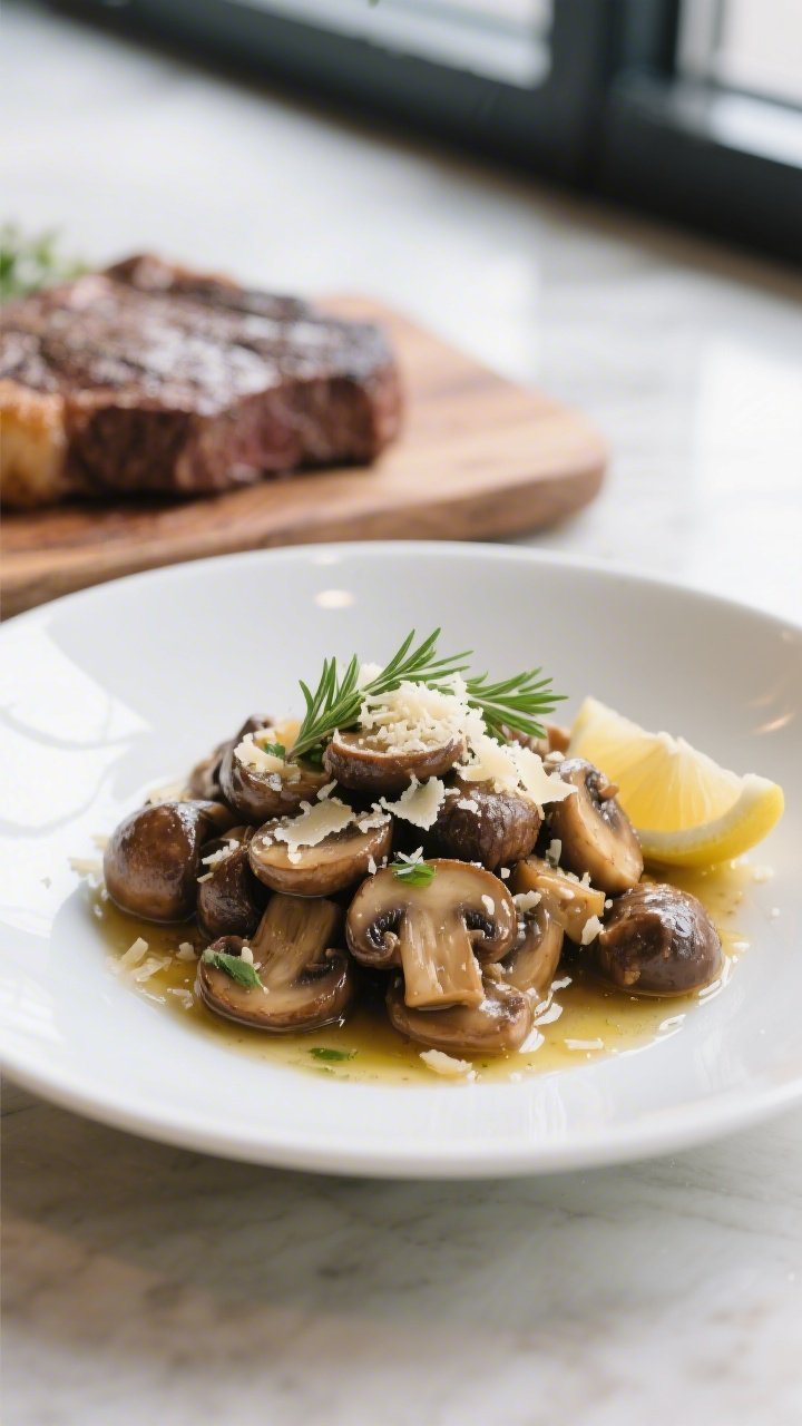 Final dish presentation: Restaurant-quality plating of Keto Garlic Butter Parmesan Mushrooms in a sh