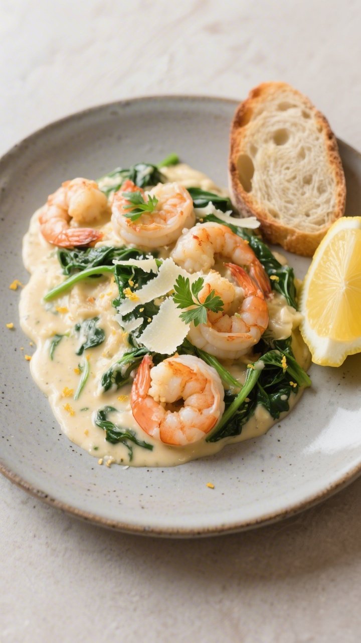 Final dish presentation: Restaurant-quality plating of a generous scoop of Creamy Garlic Shrimp & Sp