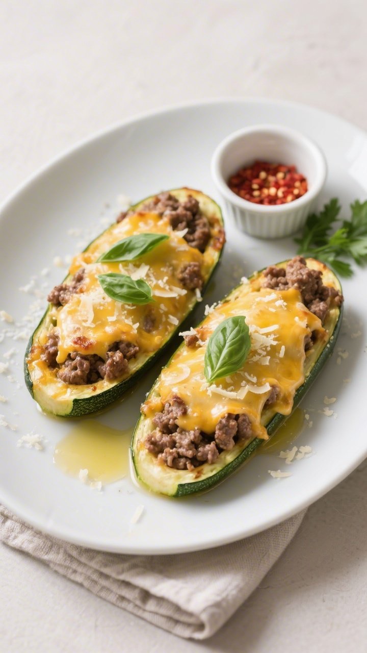 Final dish presentation: Restaurant-quality plating of two baked keto ground beef zucchini boats on 