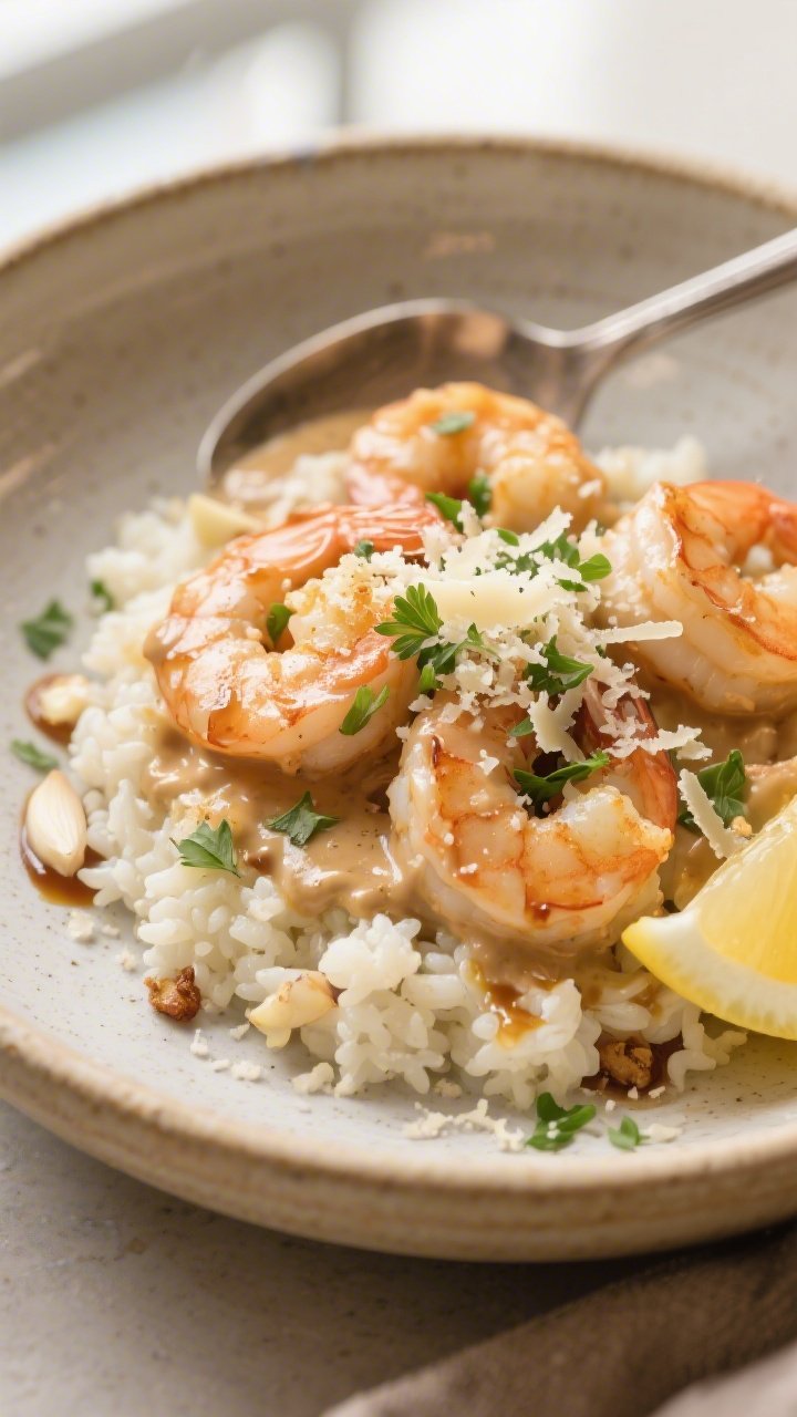 Final dish presentation: Restaurant-quality plating of garlic Parmesan shrimp with a silky, slightly