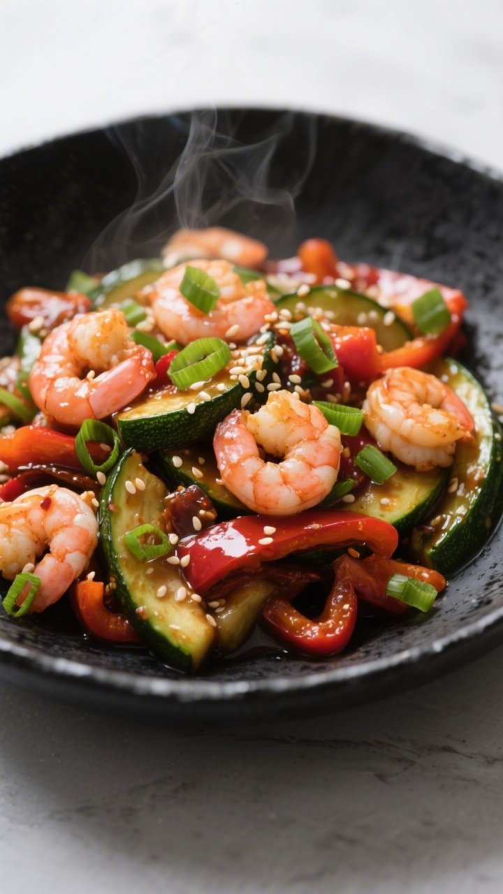 Final dish presentation: Restaurant-quality plating of Spicy Keto Zucchini Stir Fry with added shrim