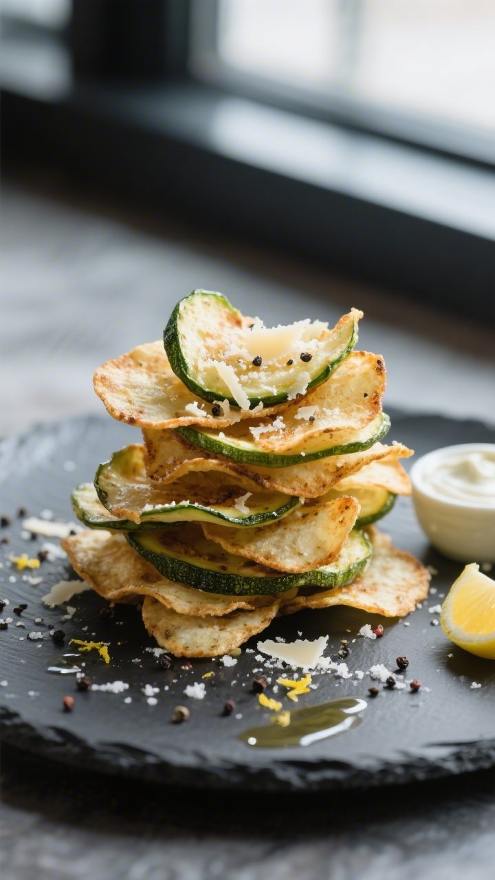 Final dish presentation: Restaurant-quality plating of keto zucchini chips stacked in a neat, airy p