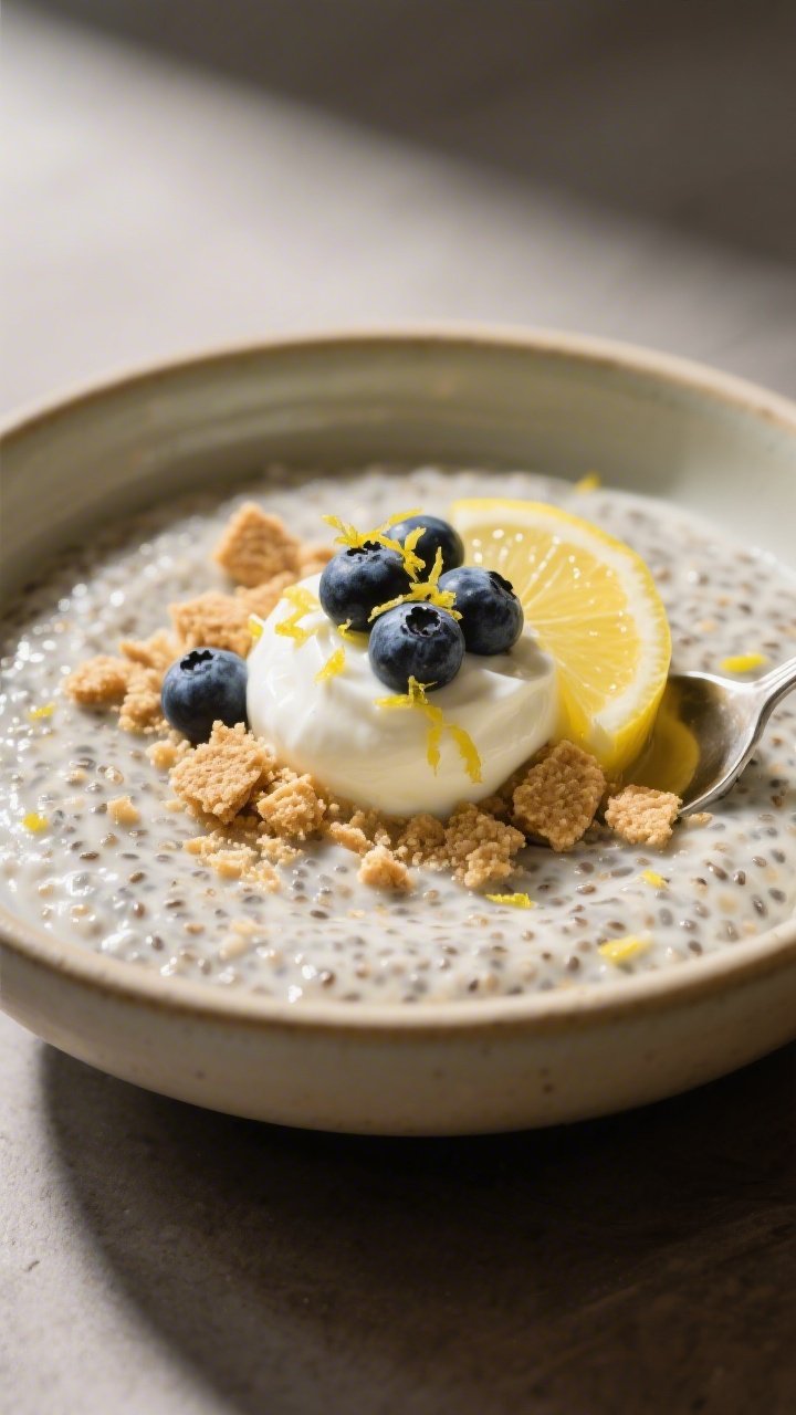 Final dish presentation: Restaurant-quality plating of Lemon Cheesecake chia pudding in a shallow ce