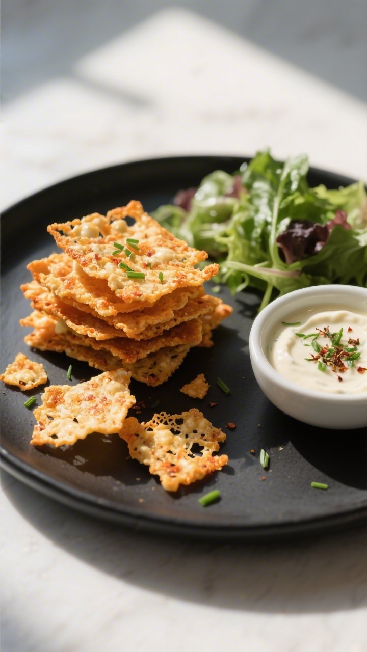Final dish presentation: Restaurant-quality plating of Keto Spicy Ranch Cheese Crisps stacked casual
