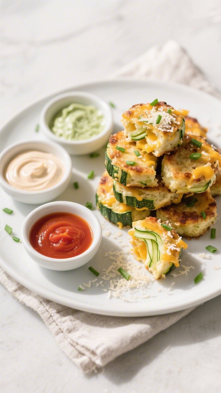 Final dish presentation: Restaurant-quality platter of Keto Zucchini Cheddar Bites stacked on a whit