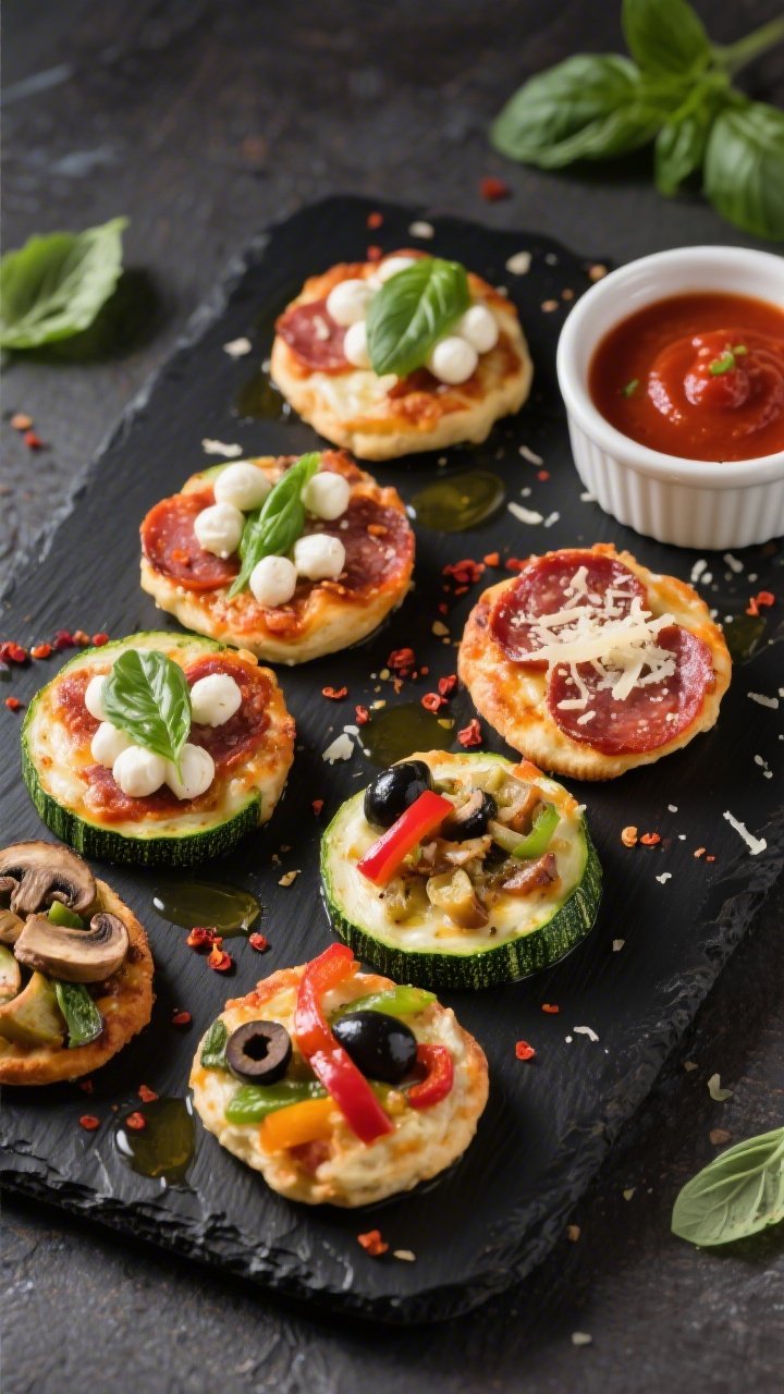 Final dish presentation: Restaurant-quality platter of assorted Keto Zucchini Pizza Bites (Margherit