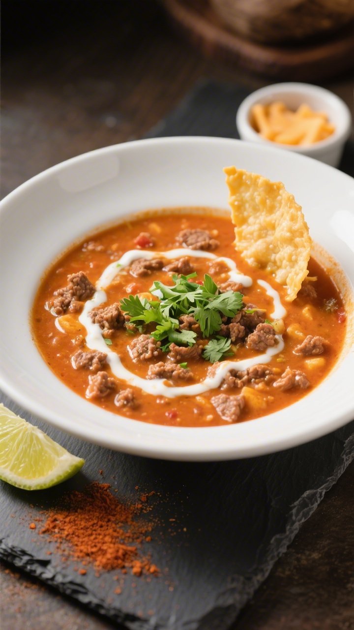 Final dish presentation: Restaurant-style plated bowl of Keto Ground Beef Taco Soup with a rich, cre