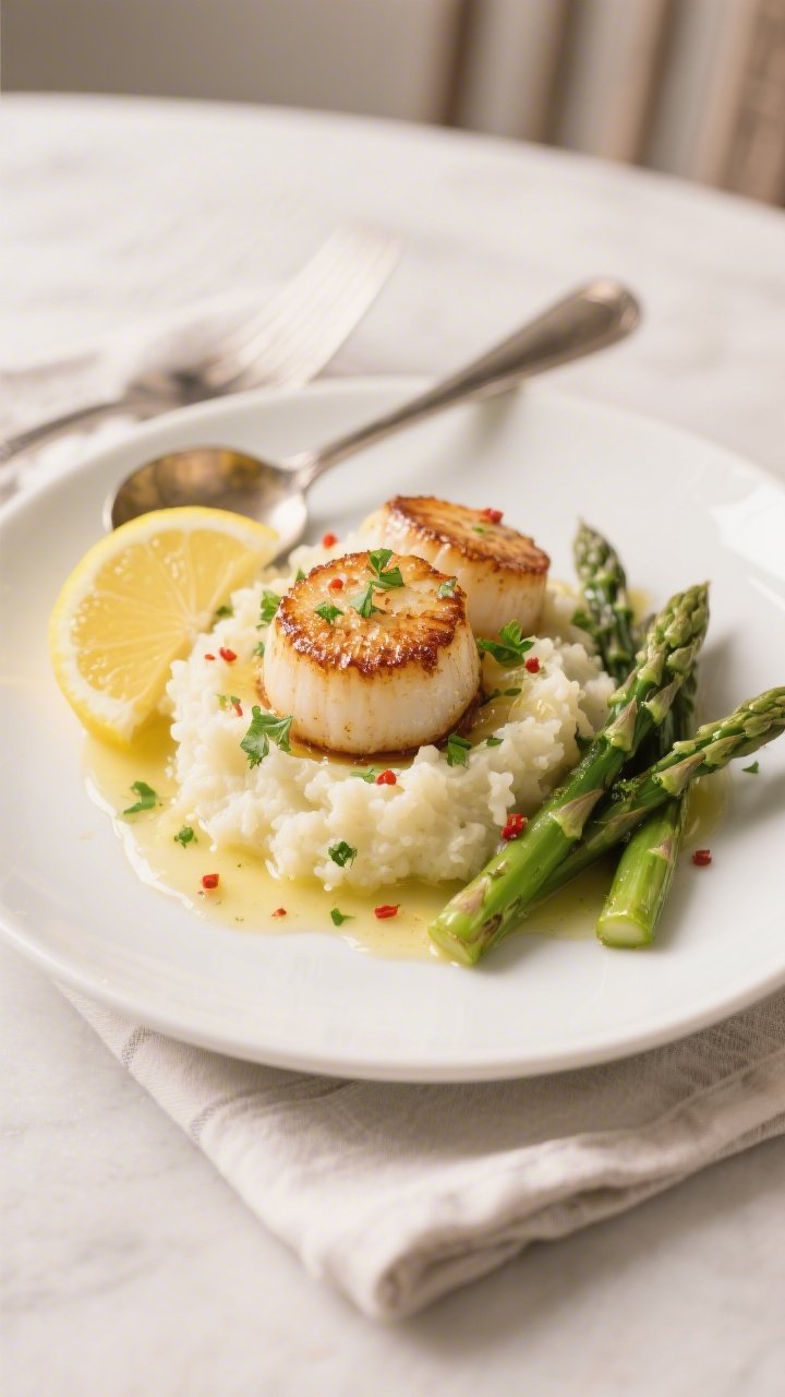 Final dish presentation: Restaurant-worthy keto garlic butter scallops plated on a matte white rimme