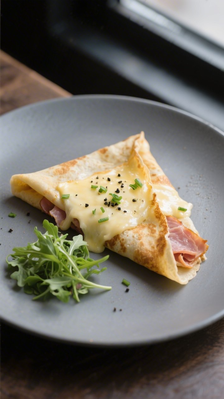Final dish presentation: Savory ham and Gruyère crepe folded into a triangle on a slate-grey plate,