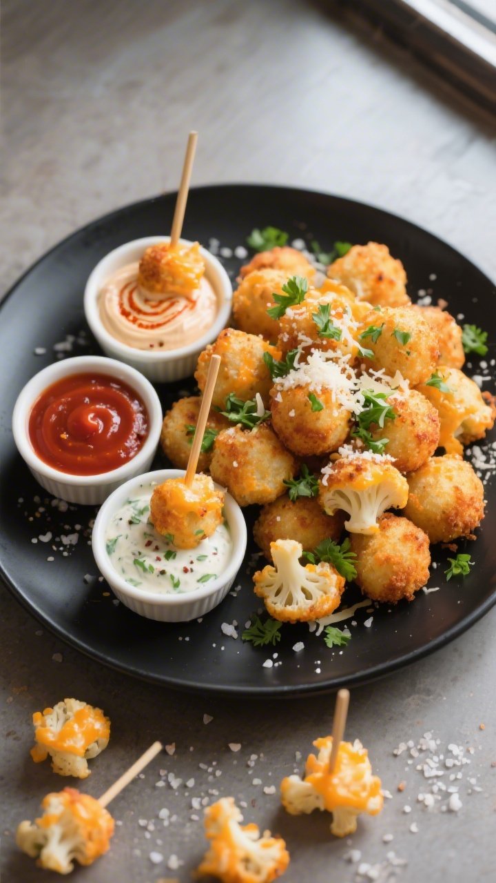 Final dish presentation, tasty top view: Overhead shot of a matte black platter piled with keto chee