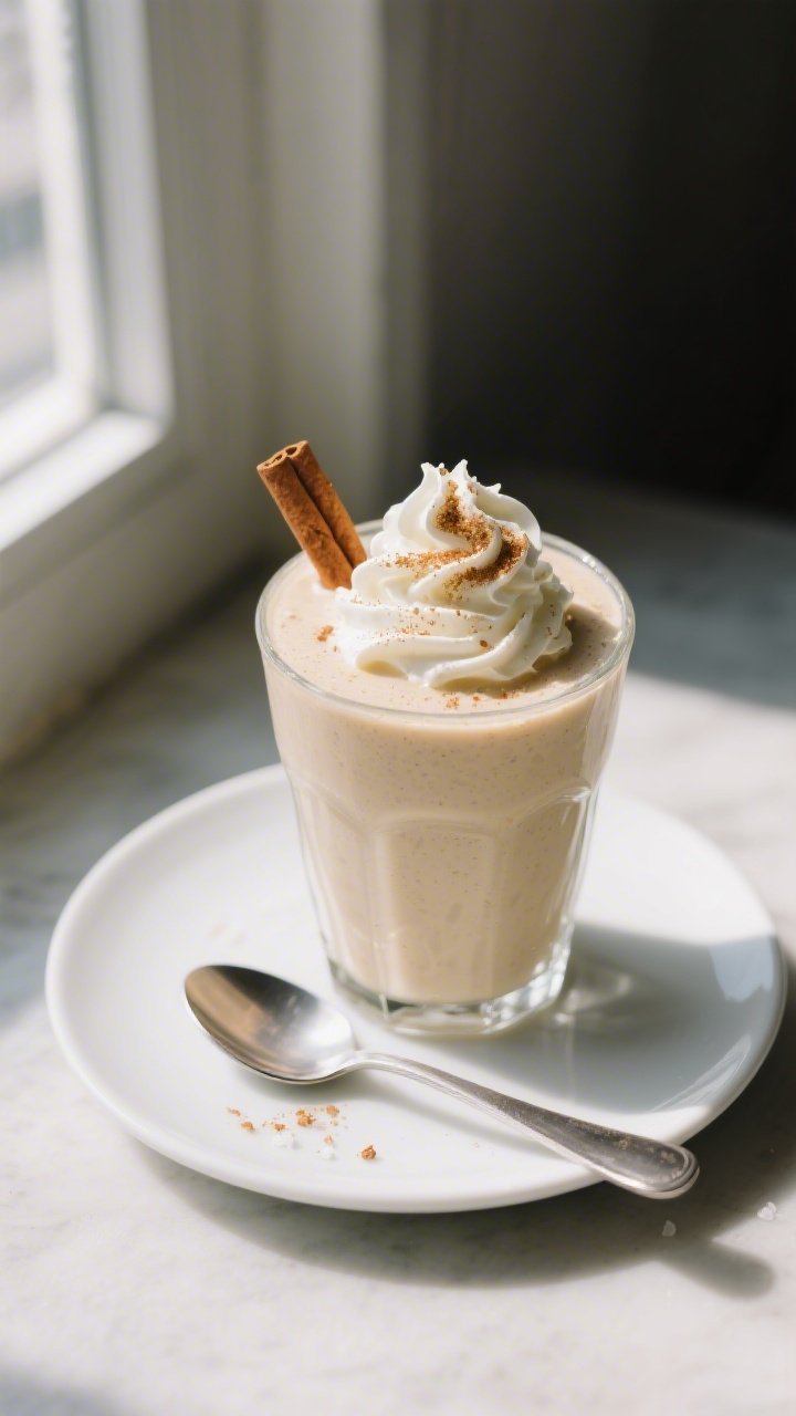 Final dish presentation: Vanilla Cinnamon Roll Keto Protein Smoothie poured into a chilled clear gla