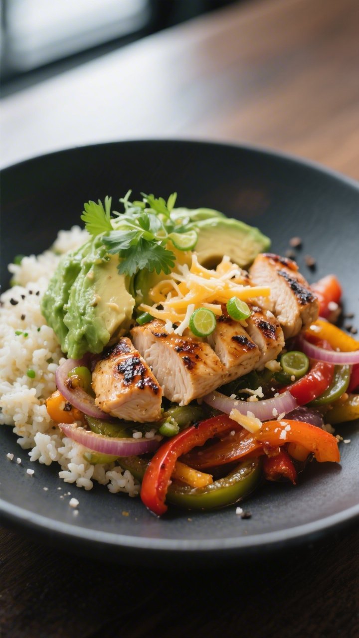 Final dish restaurant presentation: Hero shot at 45-degree angle of the plated Keto Chicken Fajita B