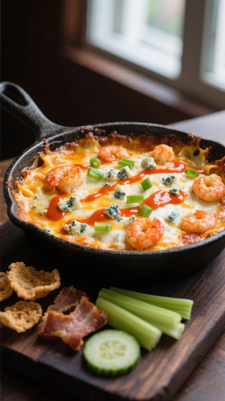 Final dish, rustic skillet presentation: Keto Buffalo Shrimp Dip baked in an oven-safe cast-iron ski
