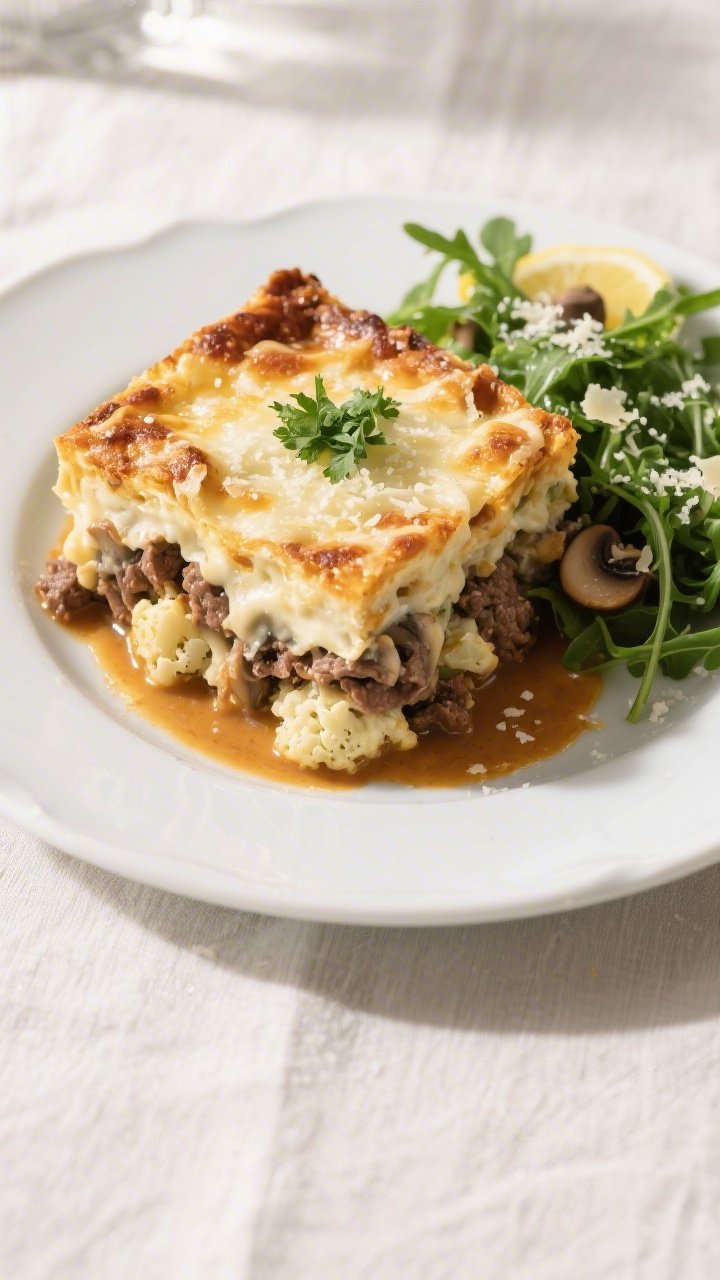 Final dish top view: Overhead shot of a neatly portioned square of Keto Ground Beef Alfredo Bake on 