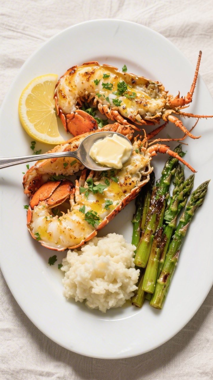 Final dish top view: Overhead shot of beautifully plated Keto Garlic Butter Lobster Tails on a white