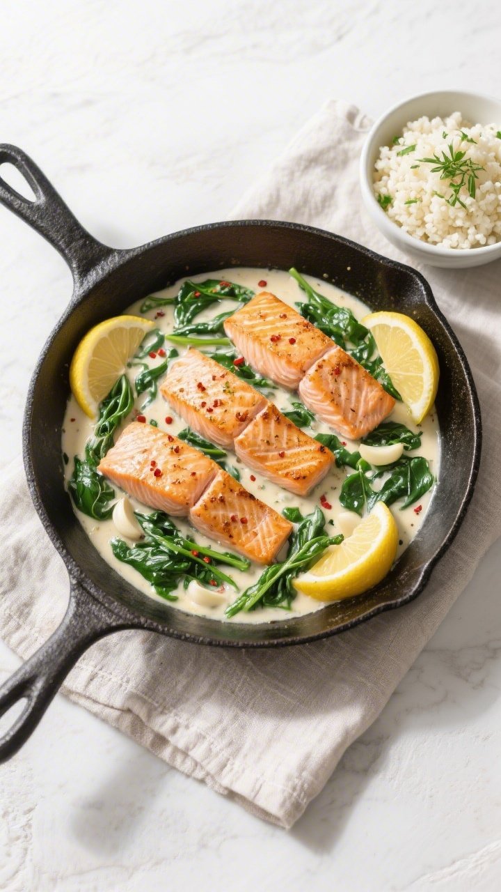 Final dish, top view: Overhead shot of Keto Creamy Spinach Salmon—four seared salmon fillets nestl