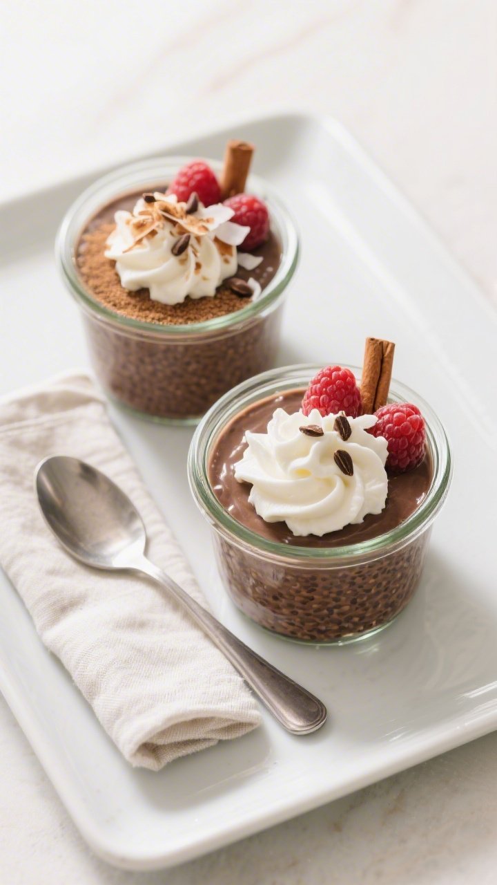 Final dish top-view: Overhead shot of two small glass jars of set keto chocolate chia pudding, toppe