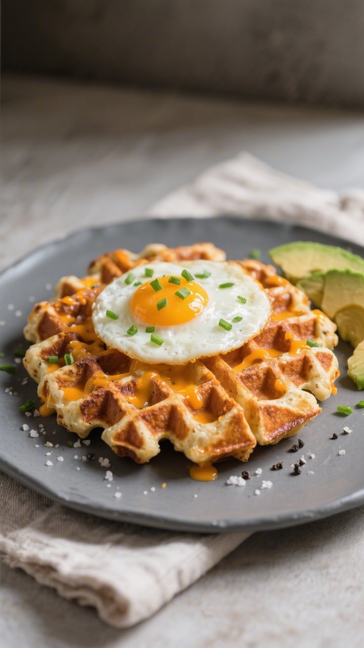 Final dish variation: Savory cheddar-chive keto waffle on a slate-grey plate, topped with a sunny-si