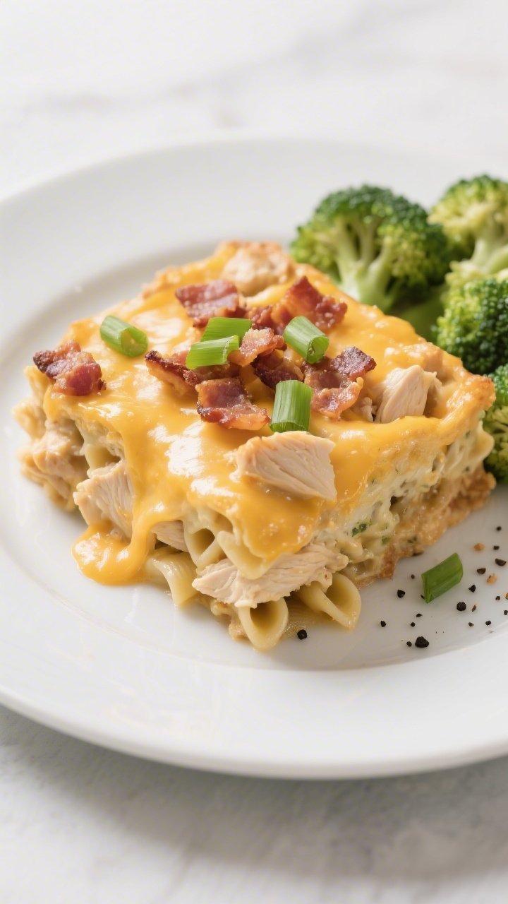 Final plated beauty: A hearty square of Cheesy Bacon Ranch Chicken Casserole neatly served on a matt