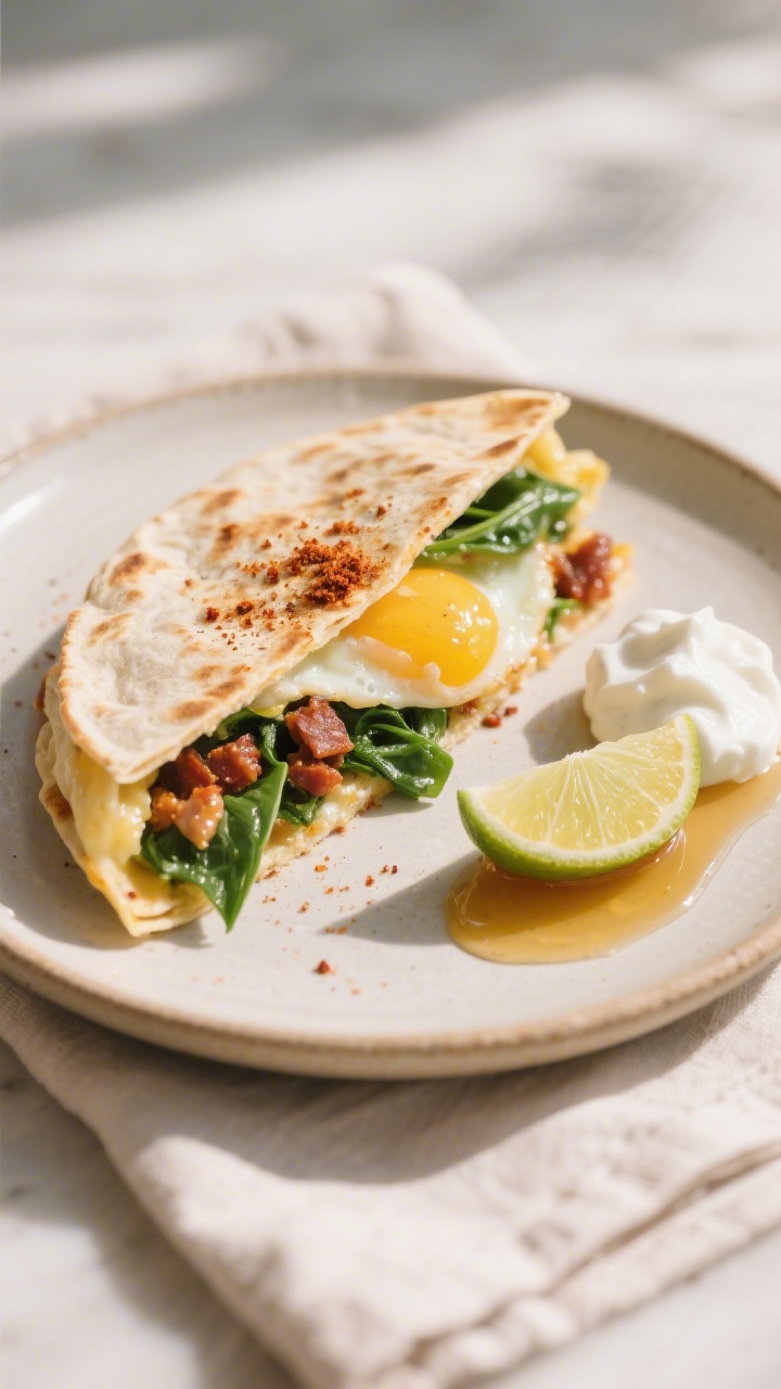 Final plated beauty: A single, perfectly crisp breakfast quesadilla half stacked on a neutral cerami