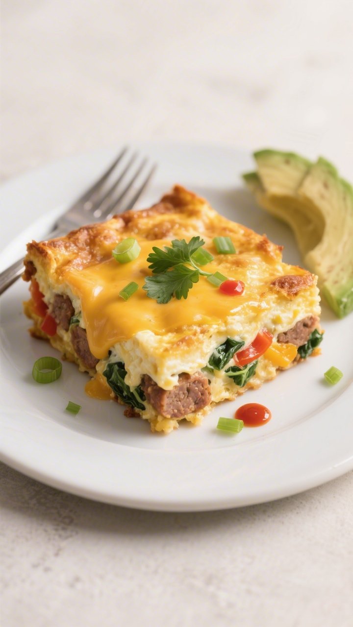 Final plated beauty: Golden-brown Keto Sausage & Egg Breakfast Casserole slice with melty cheese on