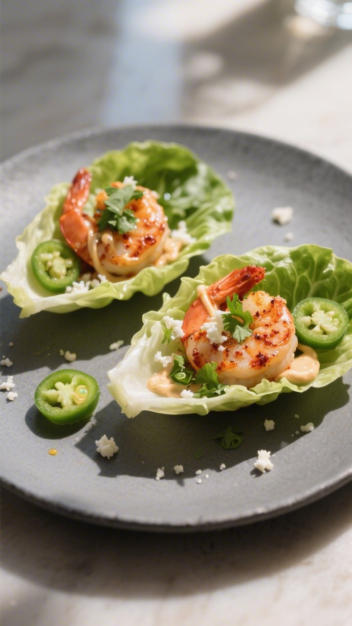 Final plated beauty: Restaurant-quality close-up of two romaine-heart lettuce wraps on a slate-gray 