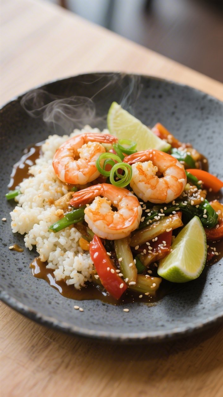 Final plated beauty: Restaurant-quality plate-up of Keto Shrimp Stir Fry with Cauliflower Rice, thre