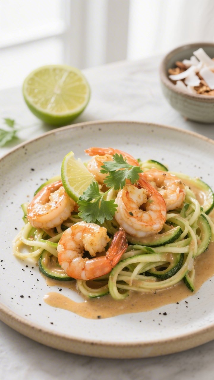 Final plated beauty: Restaurant-quality presentation of Keto Coconut Lime Shrimp over sautéed zucch