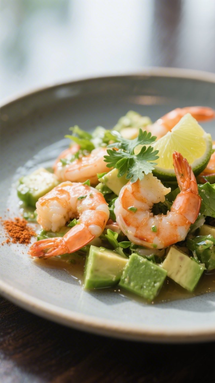 Final plated beauty: Restaurant-style presentation of the composed shrimp and avocado salad on a mat