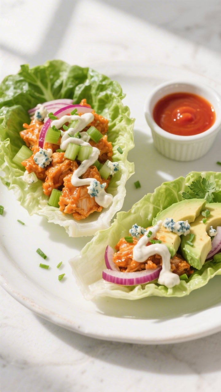 Final plated beauty shot: Keto Buffalo Chicken Lettuce Wraps assembled in sturdy romaine boats on a 