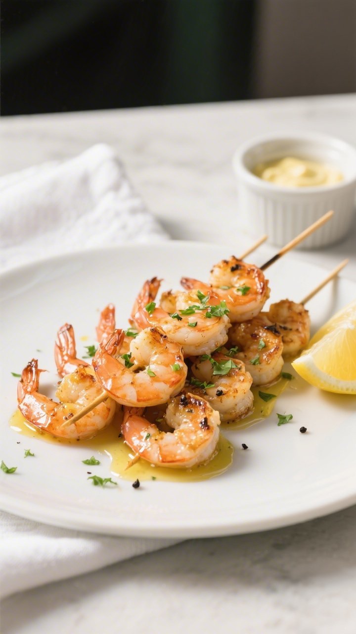 Final plated beauty shot: Keto Garlic Butter Shrimp Skewers arranged in a neat fan on a matte white 