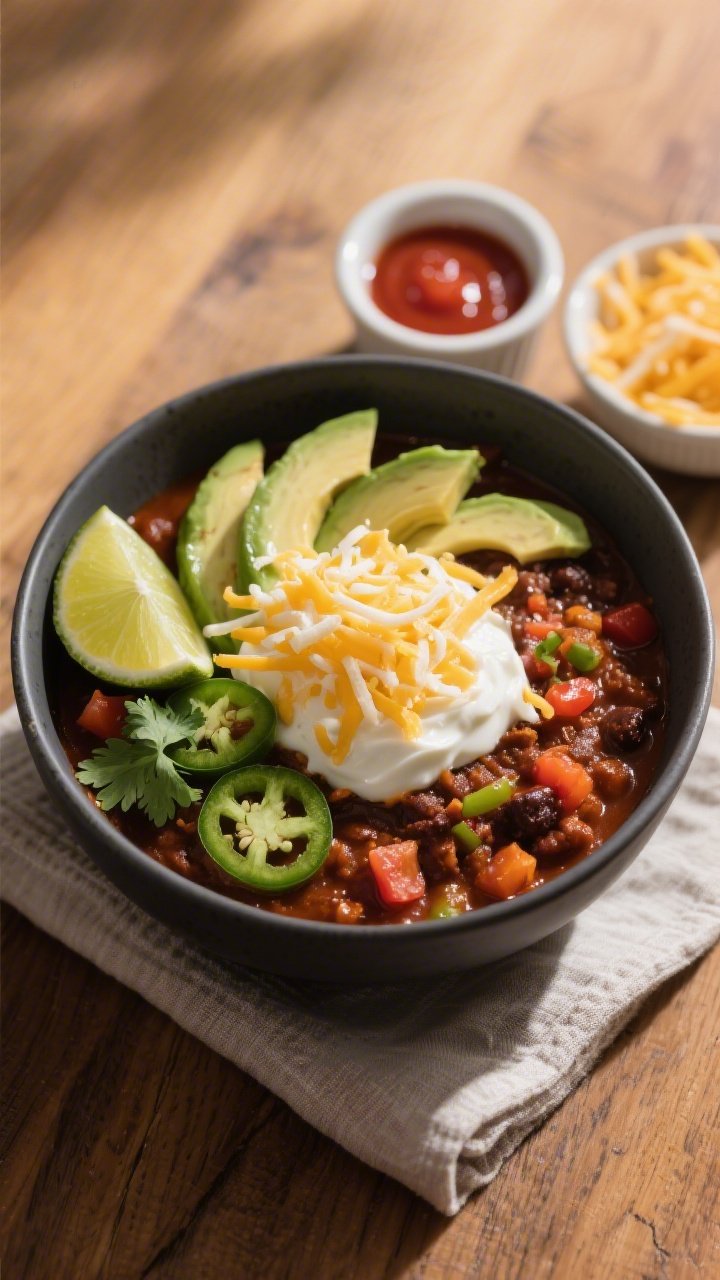 Final plated bowl shot: Hearty bowl of beanless keto chili ladled thick, topped generously with a do