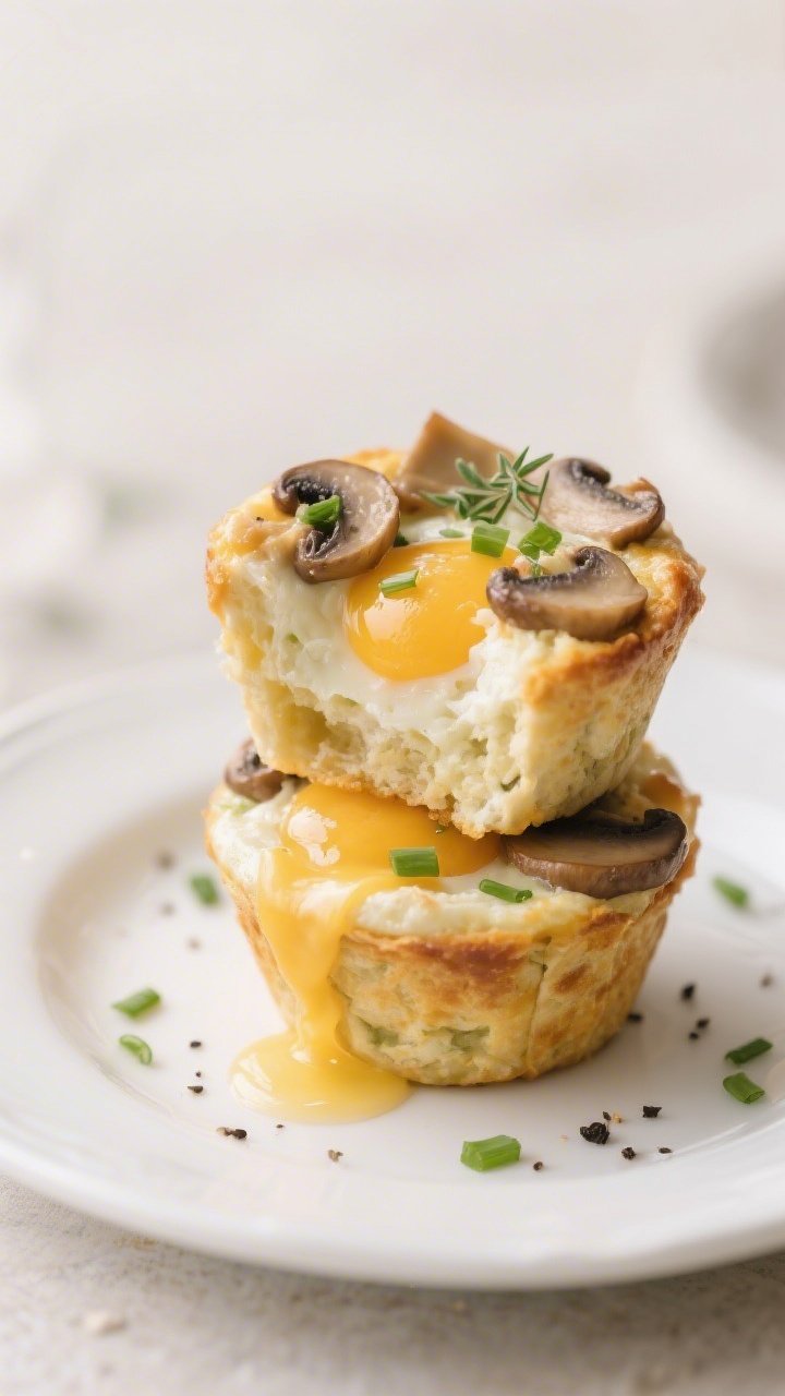 Final plated breakfast presentation: Two keto cheesy egg muffin snack cups (mushroom Swiss with a hi