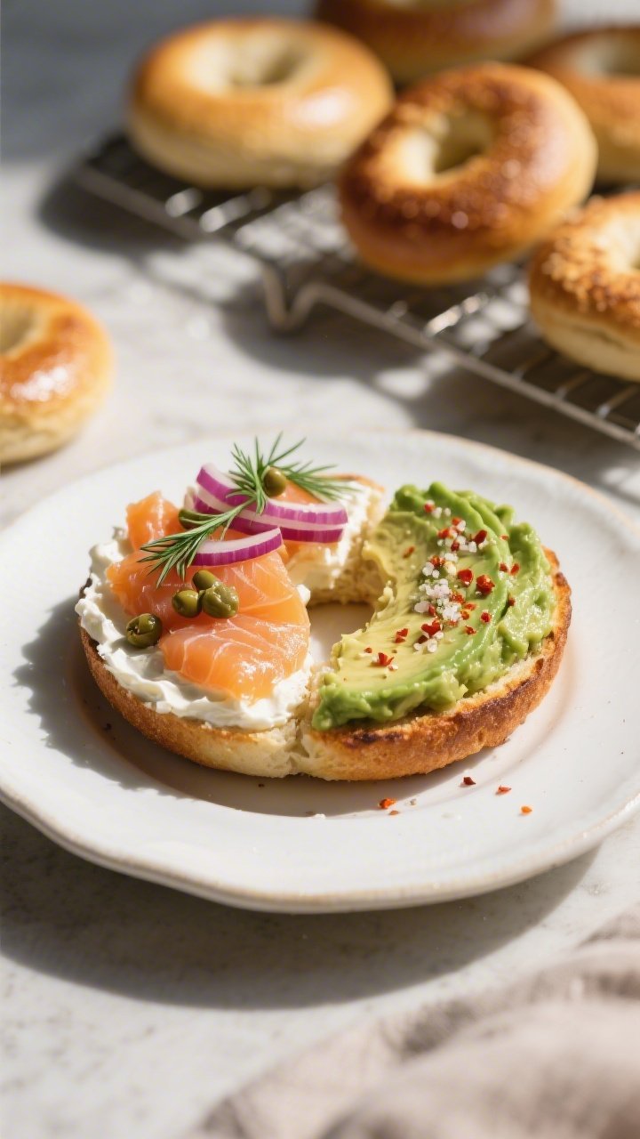 Final plated breakfast scene: Beautifully plated toasted keto bagel, one half slathered with whipped