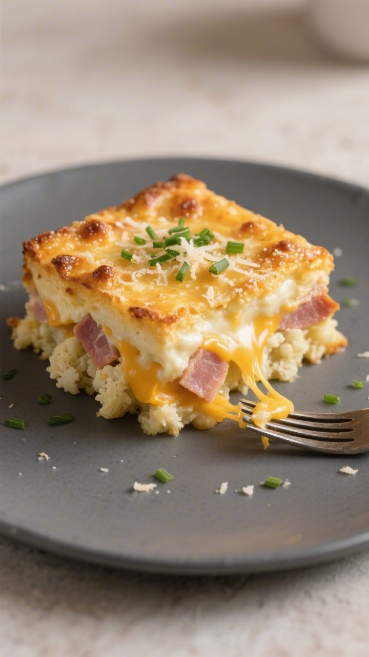 Final plated close-up detail: A single, thick square of the casserole served on a slate-gray plate, 