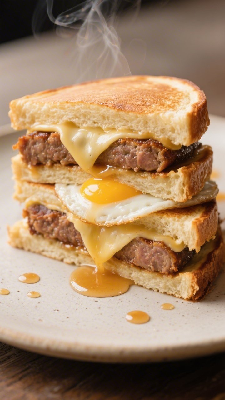 Final plated close-up detail: Tight hero shot of the sandwich cut in half and stacked to showcase la